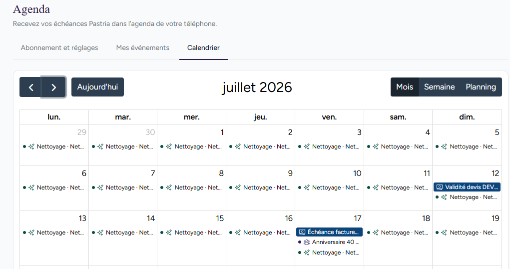 Agenda et planning de production Pastria, synchronisables en iCal
